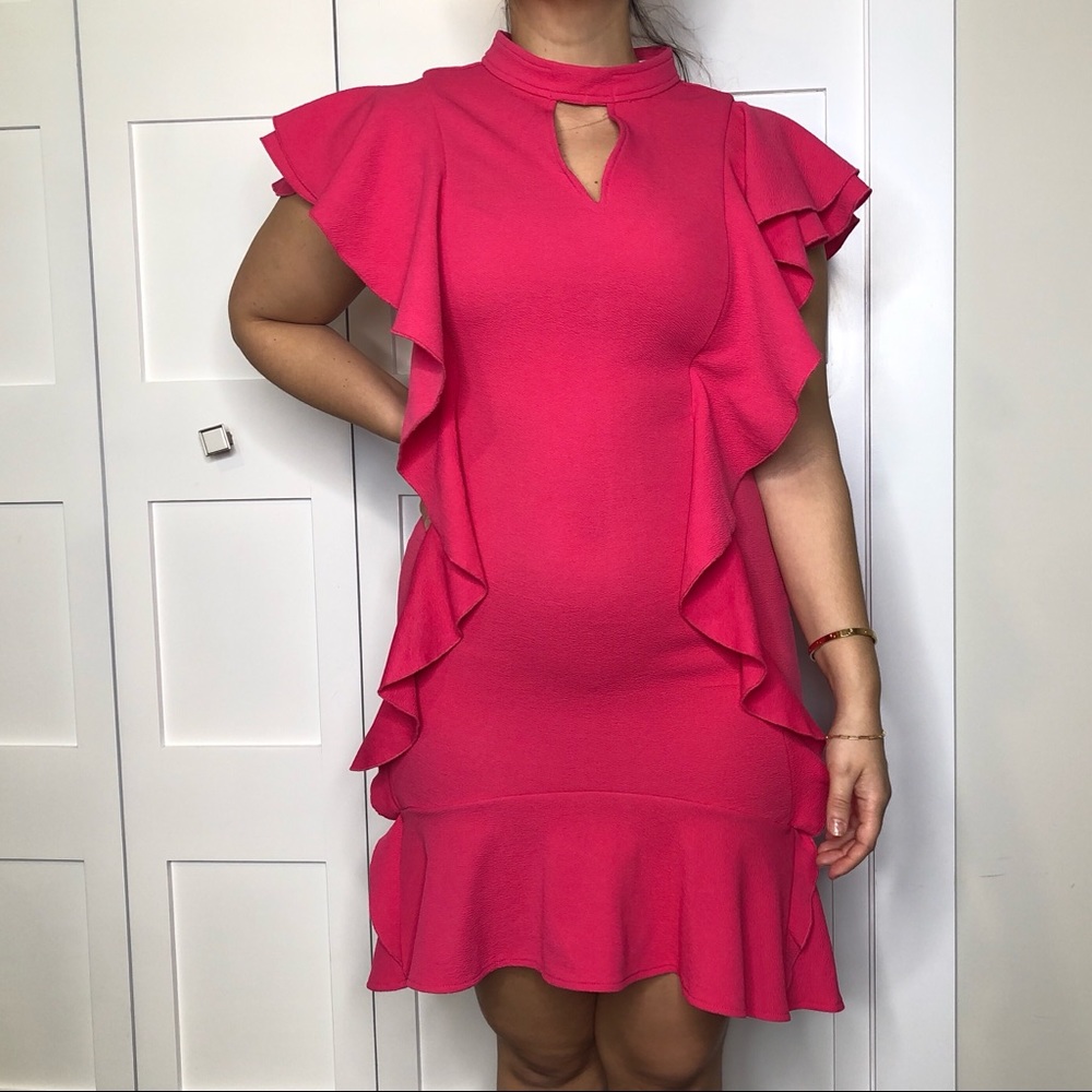 Lovers + Friends Flutter Sleeve Hot Pink Dress